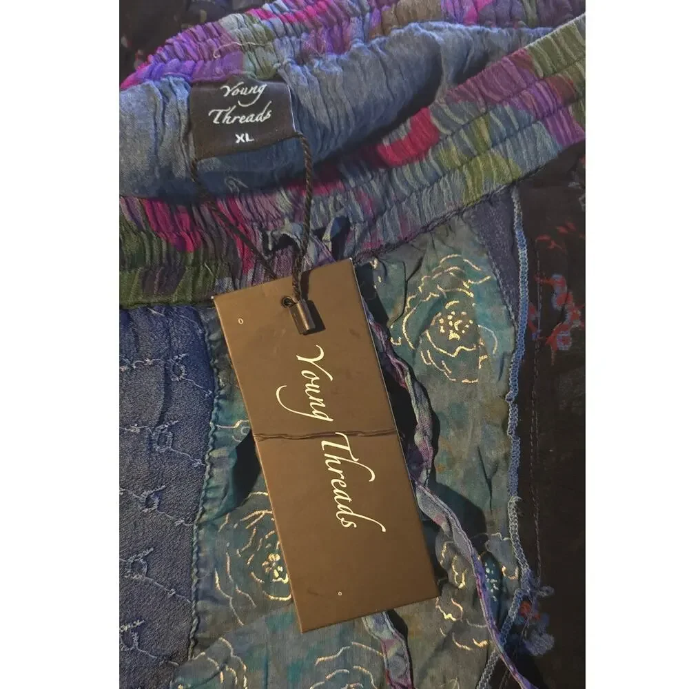 Young Threads Indigo Blue Patchwork Ruffle Wrap Midi Skirt XL - Coastal Boho